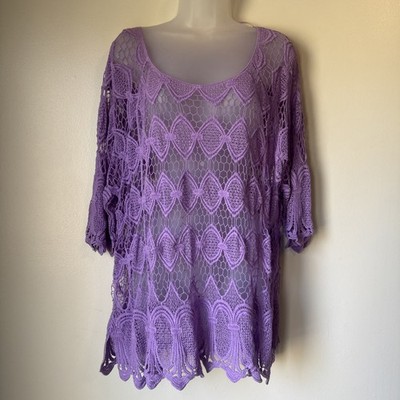 INC Top Womens Size 3X Purple Crochet Knit Sheer Party Lace Fairy Layers Dressy