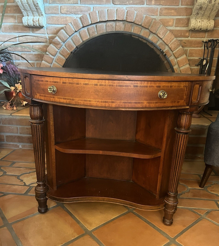 42” Wide  Round Mahogany Card Table, Black Leather Top, 1 Drawer and 8 shelves