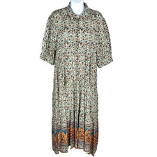 Natural Life Dress M Rebecca Long Floral Print Big Border Tiered Cottage Boho