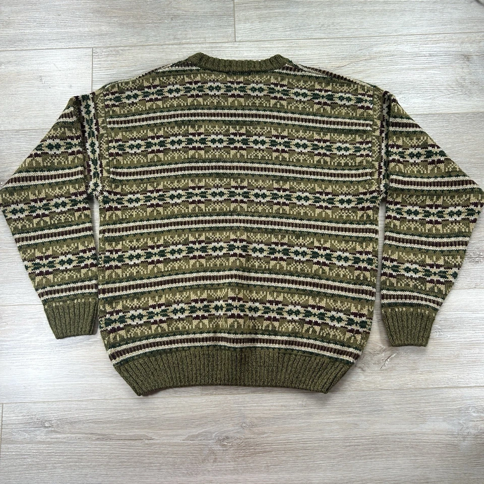 Vintage Puritan Medium Fair Isle Sweater Olive Green Geometric Striped Crew Neck - Image 4 of 4