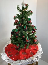 Mini 11"  CHRISTMAS TREE VTG. 1 1/4" /SLEIGHS-GLUED ON Home Crafted & TREE SKIRT