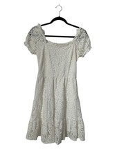 Monteau Los Angeles Dress Size M White Floral Lace Crochet Smocked Tiered Puff