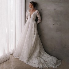Elegant Deep V-Neck Wedding Dresses Long Sleeves Lace Applique Sweep Train Gowns