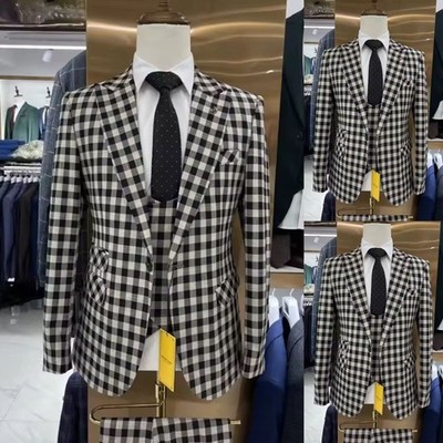 Black and White Checkered Men's Suit Jacket Checkered Casual Business Slim Fit