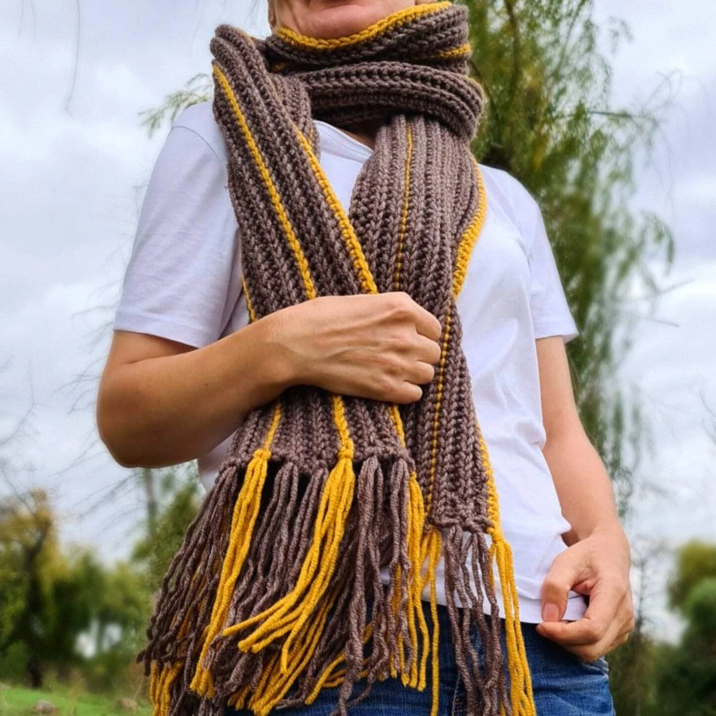 Hand-Crocheted Wool Scarf with Mustard Stripes and Fringe