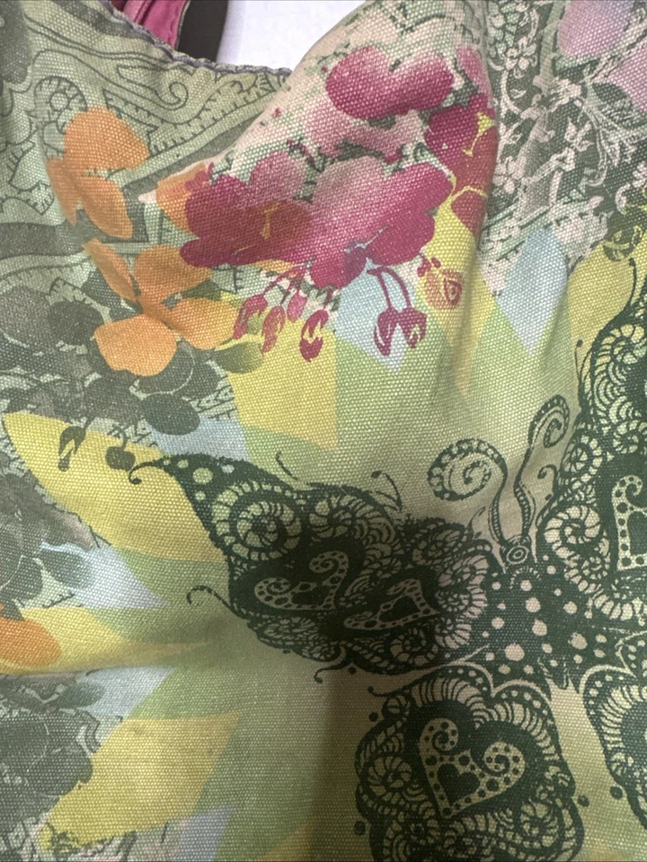 Bolso de Mano Grande Boho Lucky Brand Lona Verde Naranja Corazones Flores Foto 2 de 4