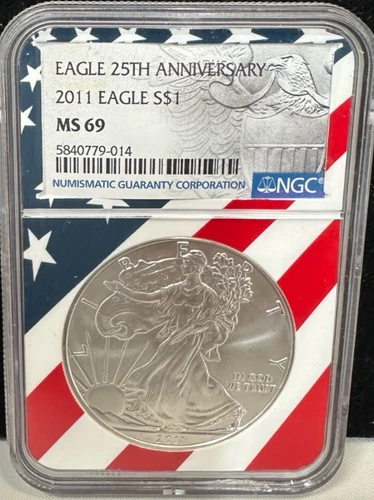 2011 $1 AMERICAN SILVER EAGLE NGC MS69 USA FLAG CORE HOLDER