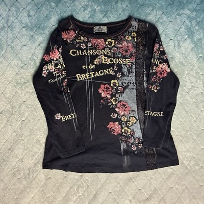 Vtg 80s Vanilla Sugar Womens Floral Top Black Brown French Words Large  Crystals
