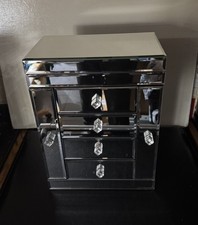 Large Mirrored Glass Jewellery Box - Black Velvet Lined - Diamond Shape Knobs