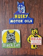 Lot of 3 Steel And Porcelain Enamel Mini Signs Husky Black Cat Bear