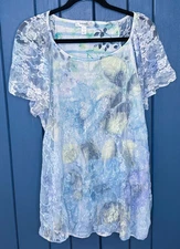 Blue Gray Lace Shirt w Lining 1X Rhinestones Pastel Colorful Fairy Core Coquette