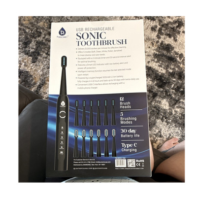 Pursonic Sonic Electric Toothbrush USB Rechargeable 5 Speeds 12 Heads Black