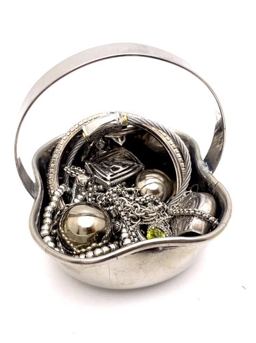 Collectible Vintage Mixed Costume Jewelry WA Silver Trinket Handled Basket Lot