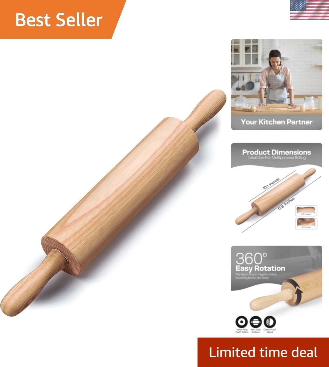 Wooden Rolling Pin 17.6 Inch with Rotating Ergonomic Handles – Classic Beech ...
Opens in a new wind