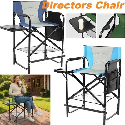 Tall Directors Chair Folding Makeup Chair with Side Table,Footrest,Cup Holder