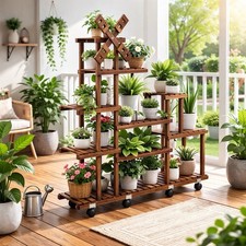Image of Premium Wooden Plant Stand Indoor Outdoor Garden Planter With Or Without Wheels
