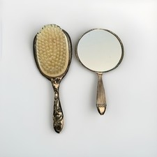 Vintage Godinger Hand Mirror Ornate Floral Vanity Hair Brush Lot Silver Tone