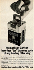 1969 Vintage Print Ad Two packs of Carlton have less tar than one pack leading