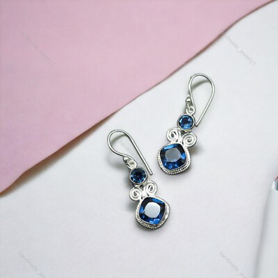 Gift For Her Natural London Blue Topaz Drop/Dangle Earrings 925 Silver