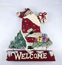 Christmas Santa Welcome Sign Hand Carved Wood Vintage