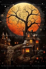 HAUNTED HOUSE ART PRINT, Dark Fantasy Halloween Decor, Tree Painting Poster C256