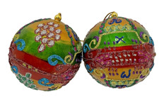 Christmas Glitter Painted Ball Ornaments Large 5" Diameter Lot of 2