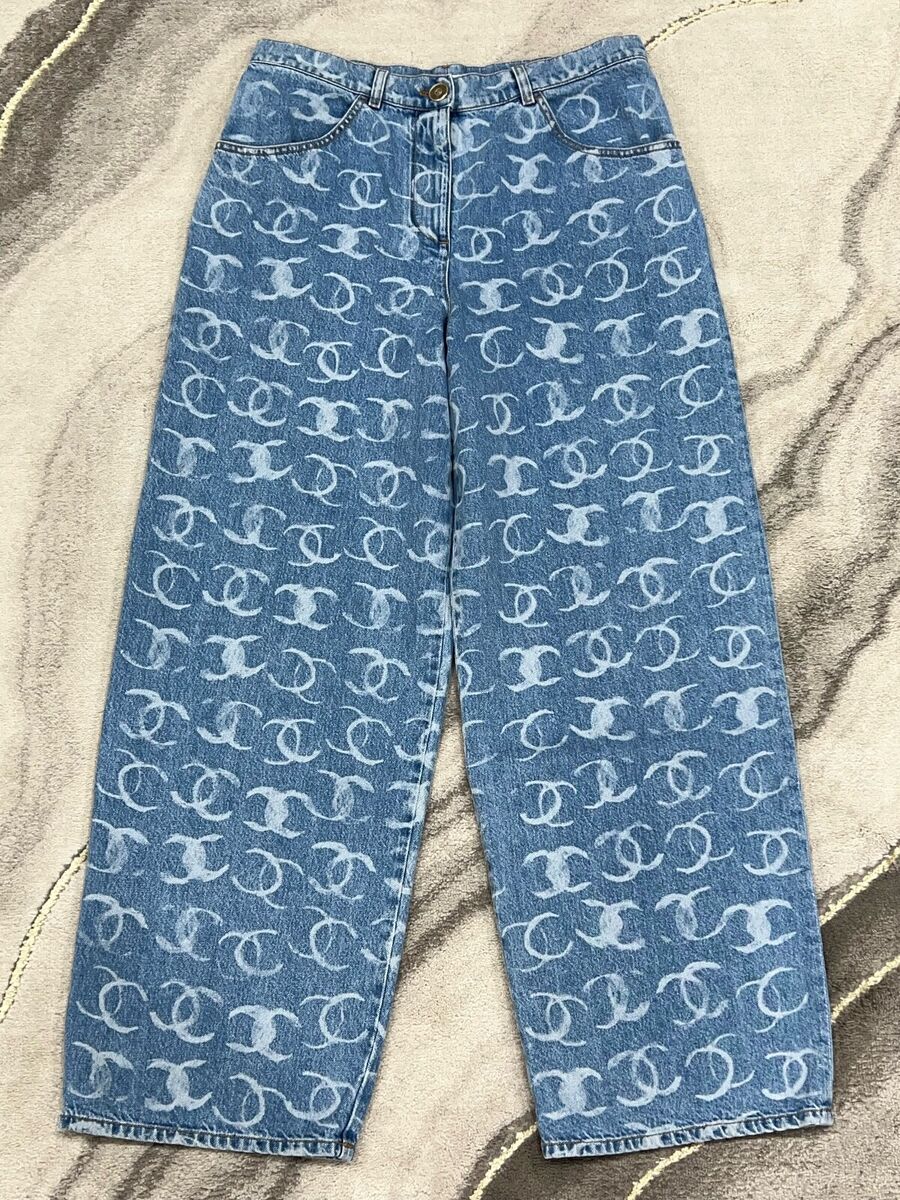 Chanel 23B Runway Light Blue Denim White CC Print Logo Baggy Chanel 23B Runway Light Blue Denim White CC Print Logo Baggy