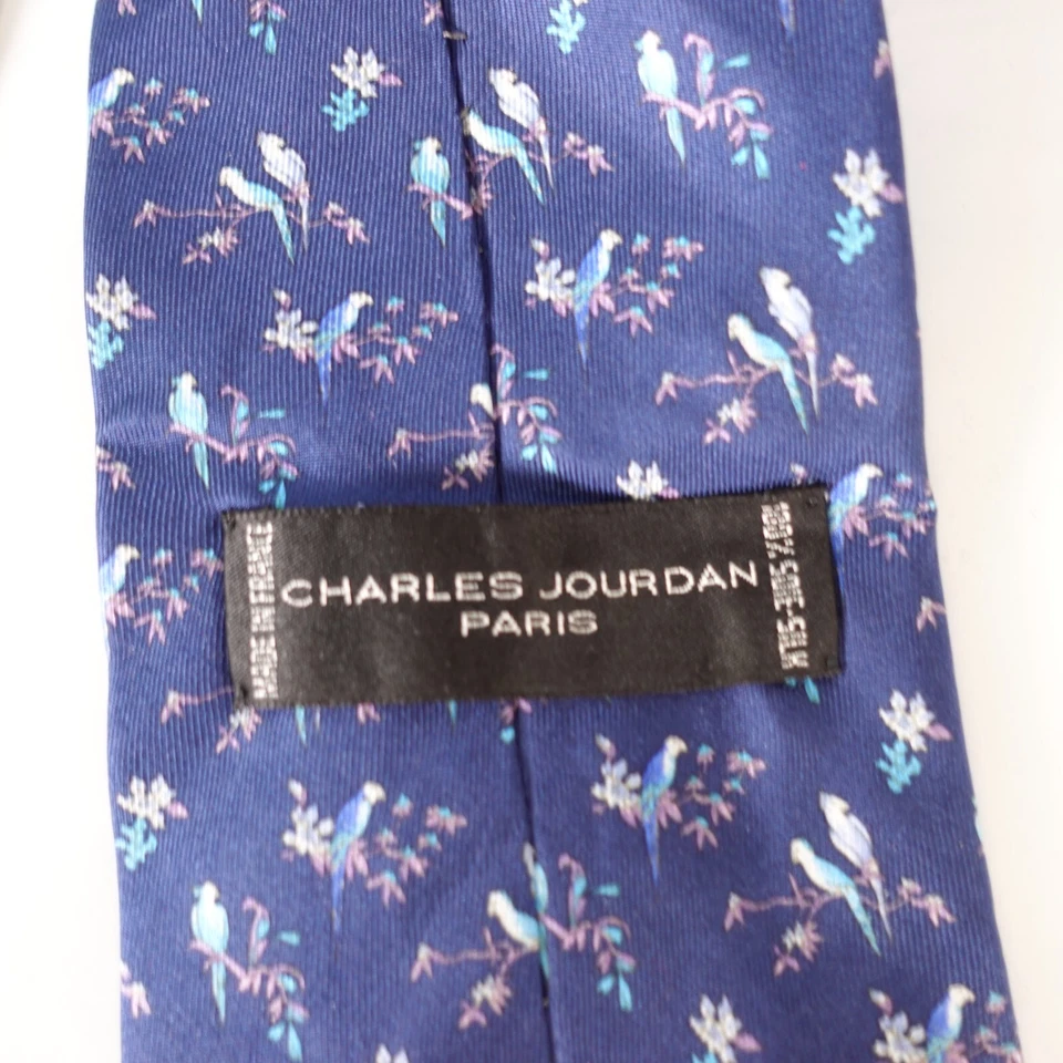 Corbata de cuello Charles Jourdan para hombre azul marino animal pájaro loro seda lujo Francia Foto 4 de 4