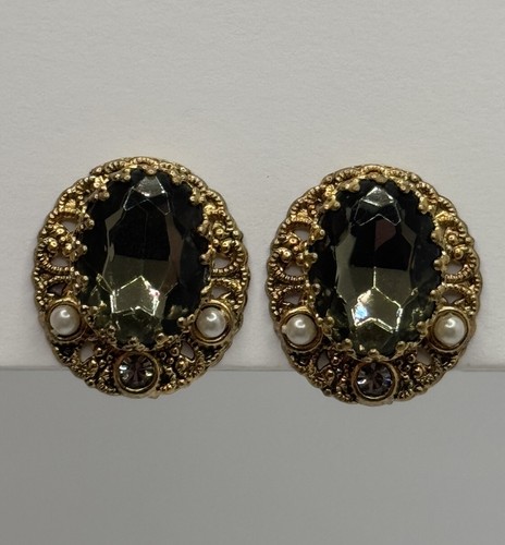 Vintage West Germany Rhinestone Faux Pearl Clip On Earrings