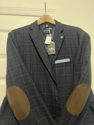 DANIEL CREMIEUX WOOL PLAID SPORT COAT JACKET BLAZER 2XL NAVY ELBOW PATCH PAD