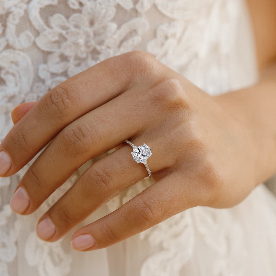 14K Real Solid White Gold 1.50 Carat Solitaire Oval Engagement Wedding Ring - Image 3 of 4