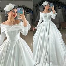 Elegant Wedding Dresses Satin Taffeta A-Line Ball Gown Boat Neck Full Sleeves