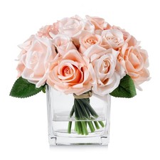 18 Heads Silk Rose Flowers in Vase, Artificial Floral Arrangement in Vase wit...
