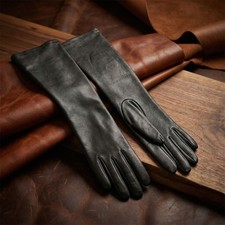 Women  s Black Lambskin Semi-Long Gloves 28  30 CM with Silk Lining