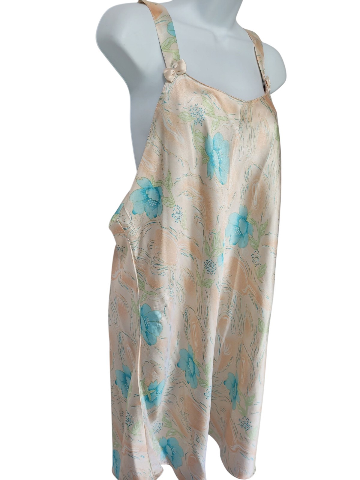 Vintage Contessa Di Roma 2X Blue Peach Floral Satin Robe Nightgown Set