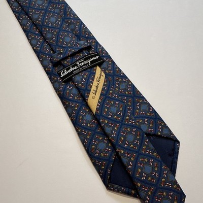 Salvatore Ferragamo Men's Silk Woven Geometric Blue/Gold/Red Tie w/ Logo Italy
