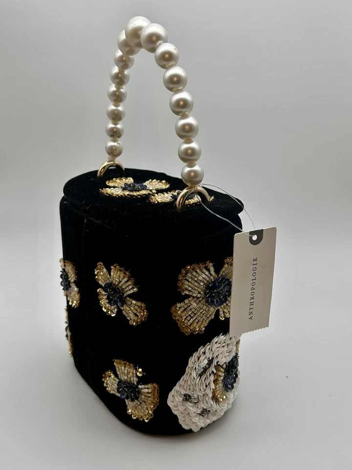 NWT Anthropologie Beaded Floral Velvet Bucket Bag Pearl Handle Viral Evening Bag - Image 3 of 4