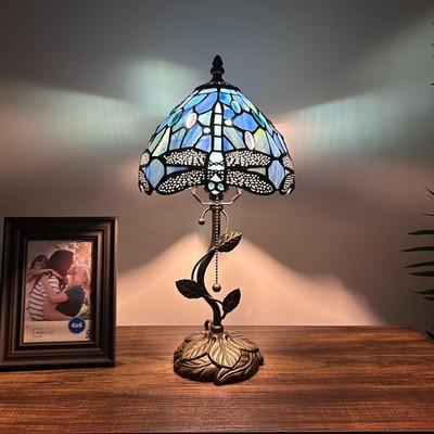 Tiffany Style Table Lamp Blue Stained Glass Dragonfly LED Bulb 8''W*8''D*16''H