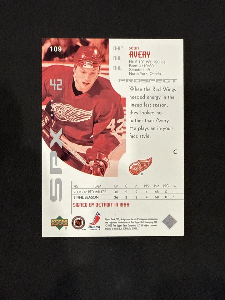 2002-03 SPx #/999 Sean Avery Prospect Rookie Card RC #109 Red Wings Rangers - Image 2 of 2