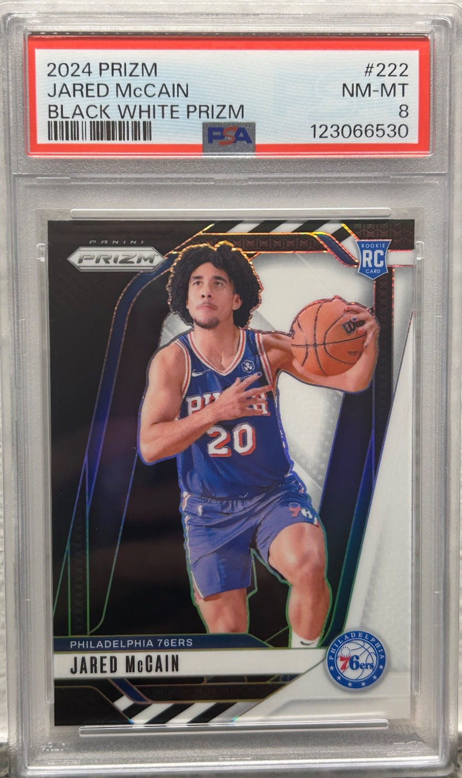 2024-25 Panini Prizm Jared McCain BLACK & WHITE PANDA SSP ROOKIE RC #222 PSA 8