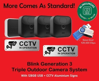 Blink Outdoor wasserdichtes drahtloses HD-Sicherheitssystem mit 3 Kameras, 128 GB, CCTV-Schilder