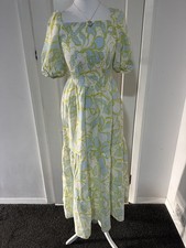 M&S HOLLY WILLOUGHBY Pure Cotton Green Mix Shirred Midi Dress Size 6 RRP £49.50