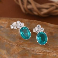 Oval Santamaria Aquamarine Quartz Stud Earrings in 925 Silver For Birthday Gift