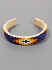 Beachy Boho Western Aztec Beaded Cuff Bracelet Blue Yellow 6.5 in