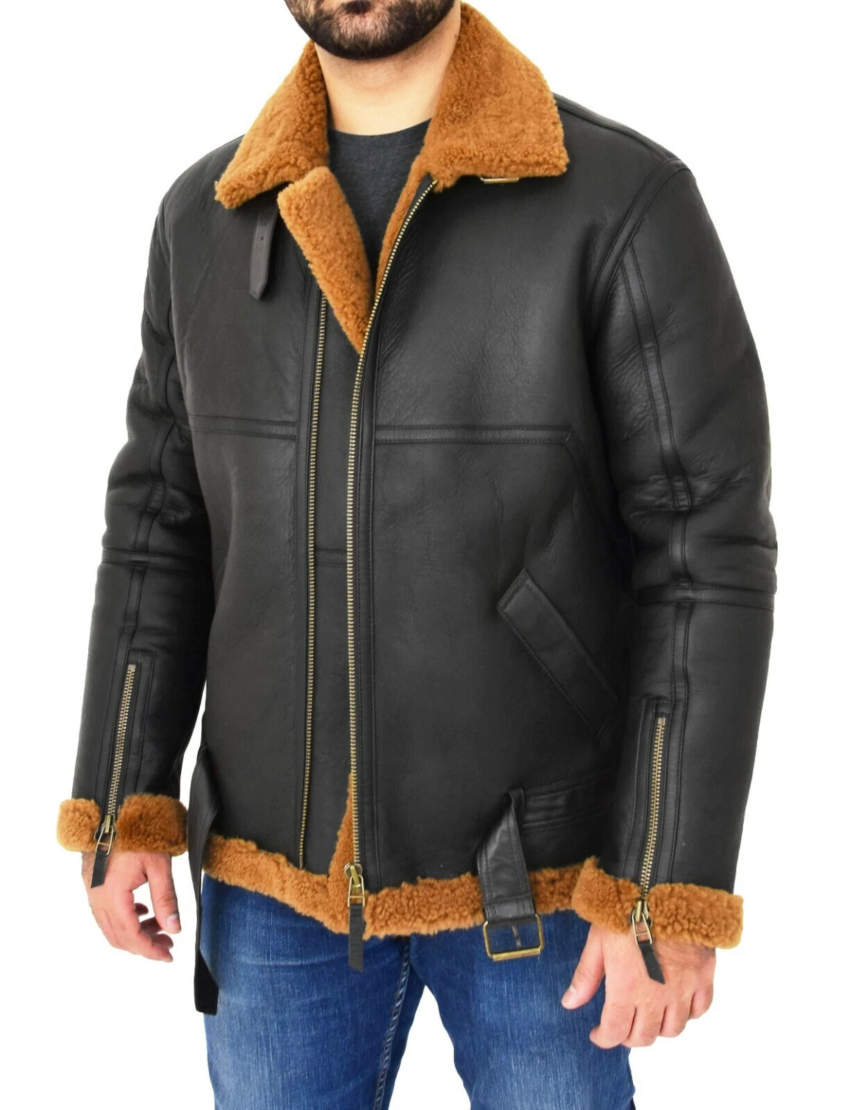 Mens Jacket B-3 WW2 US Navy RAF Aviator Flying Pilot Fur Shearling Real Leather