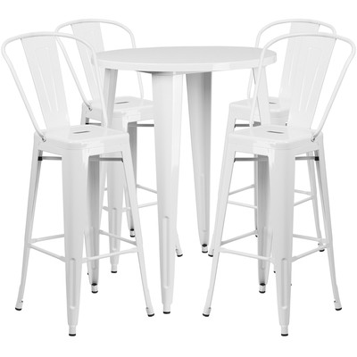 30'' Round White Metal Indoor-Outdoor Restaurant Bar Table Set w/4 Cafe Barstool