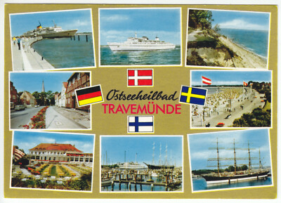 Postcard, Travemünde, eight illustrations, gold print, flags, around 1970