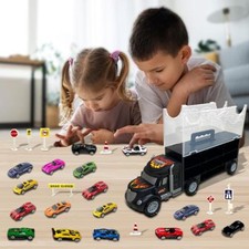 Kids Transport Truck Toy Carrier Container with 18 Sports Car Trailor Playset