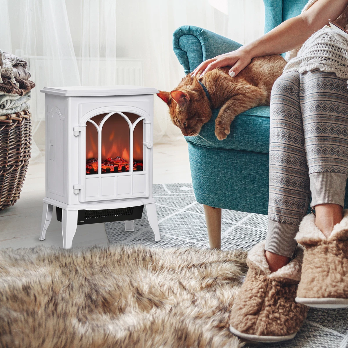 Electric Fireplace Stove, Freestanding Fireplace Heater W/ Realistic Flame  White | eBay