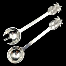 Vtg Pineapple Tropical Cast Aluminum 2 pc Salad Serving Set Spoon Fork Utensils